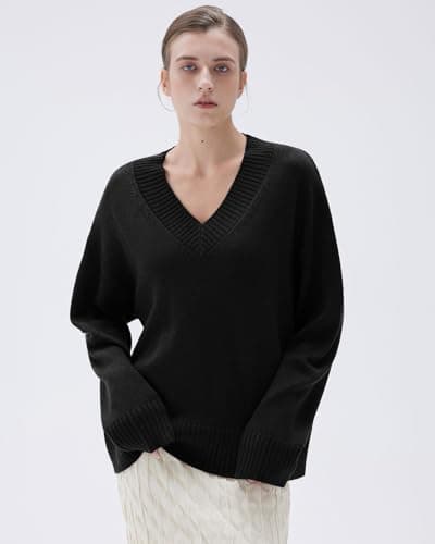 SUUKSESS Women Cashmere Oversized Sweaters V Neck Pullover Tops Fall Winter Long Sleeve Jumpers (Jet Black,L) - Thumbnail 4