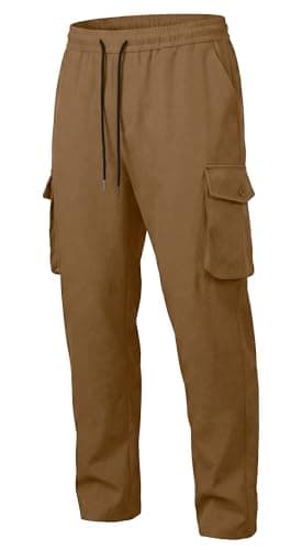 DISLANBO Men's Lightweight Cargo Pants Elastic Drawstring Casual Relaxed Fit Tapered Pants Multi Pockets Coffee S - Image 1