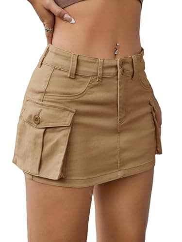 EARKOHA 2024 Women's Mini Cargo Skirt Y2K Button Low Waist Short Skirts Bodycon Denim Jean Skirt with Flap Pockets Khaki L - Image 1