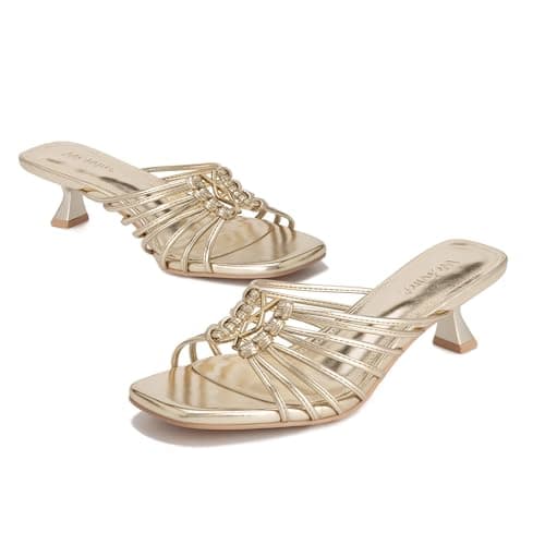 Wetviro Womens Gold Slip On Mules Sandals Low Kitten Heels Square Open Toe Dressy Comfortable Shoes for Women (2026) - Image 1