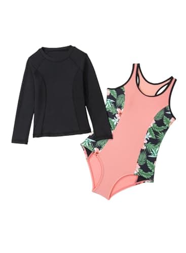 blibean Girls Rash Guard Swimsuit One Piece Flower Bathing Suits Tween Girl Floral Colorblock Swimwear Sets Kids Swim Cover Up Top Traje Baño Niñas Size 8-9 Year Old Pink - Thumbnail 3