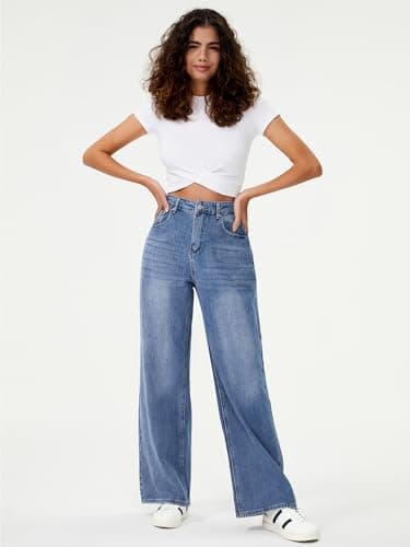 HDLTE Women’s Wide Leg Jeans Casual High Waisted Stretch Baggy Loose Denim Pants Ballad Blue, X-Large - Thumbnail 5
