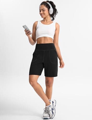 Cyasundent Women's Athletic Shorts with Zipper Pocket 9" High Waisted Bermuda Shorts for Women Workout Walking Running(Black_XL) - Thumbnail 3
