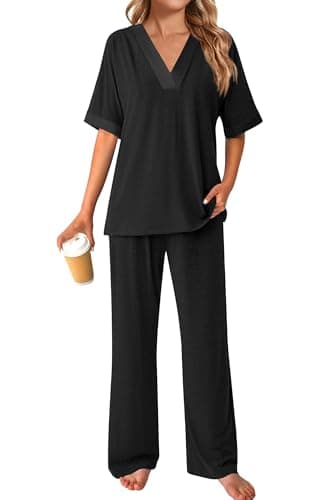 GKBK Womens Two Piece Outfits Pajama Sets 3/4 Dolman Sleeve V Neck Sleepwear Nightwear Loungewear Matching Pjs 2 Piece Lounge Set Lightweight Loose Sweatsuit Fall Fashion Ooutfit Black S - Thumbnail 6