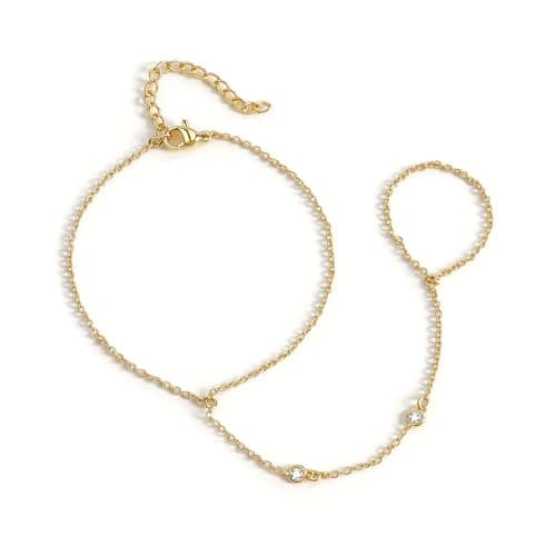 BAYLAY Hand Chain, Ring Bracelet Hand Chain 14K Gold Plated CZ Finger Ring Slave Bracelets Dainty Gold Bracelet for Women Zircon Hands Jewelry for Women Summer Essentials Boho Beach Gifts Trendy Stuff - Image 1