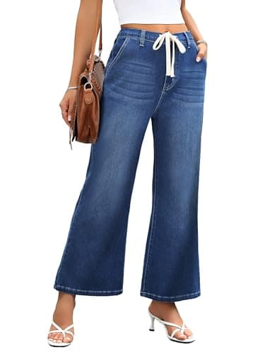 HDLTE Wide Leg Jeans Woman High Waisted Trendy Pull On Elastic Waist Drawstring Stretchy Denim Jean Pants with Pockets，Deep Blue，L - Image 1