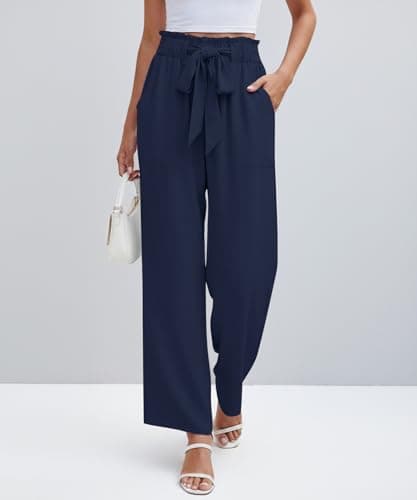 NILOUFO Casual Pants for Women Summer Lightweight Wide Leg Pants High Waisted Elastic Waist Tie Knot Trousers with Pockets(Navy Blue, Large) - Thumbnail 3