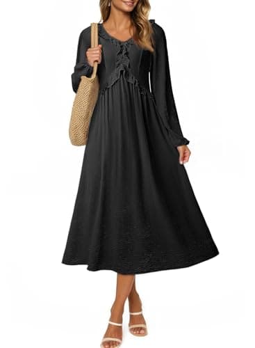 Dokotoo Dresses for Women Spring Clothes Black Dress Women's Clothing Casual Summer Dresses Long Wedding Guest Dress V Neck Pleated Maxi Dresses Spring Outfits Black - Image 1