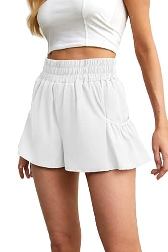 FREEOAK Womens Running Shorts with Liner High Waist Quick Dry Gym Workout Sports Tennis Ruffle Skirts Shorts with Pockets White - Image 1