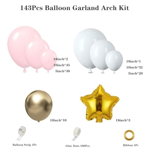 Pink White Gold Balloon Arch Garland Kit 143Pcs Pink White Metallic Gold Latex Balloons with Star Foil Balloons for Wedding Bridal Shower Birthday Party Decorations - Thumbnail 2