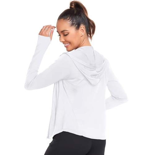 AGVNG Womens UPF 50+ Long Sleeve Hooded Sun Jackets Lightweight Sun Protection Clothing SPF Cooling Shirts Workout Athletic Hiking Running Tops Thumb Hole White M - Thumbnail 4