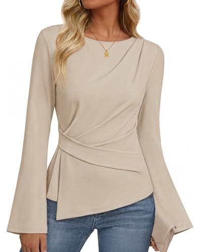 MEROKEETY Women's Long Sleeve Peplum Shirts Dressy Fall Tops, Apricot, S - Image 1