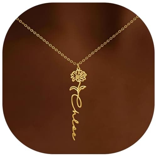 Elemtansy Custom Name Necklace with Birth Flower, Personalized Jewelry Necklaces for Women, 18K Gold Name Plate Necklaces Personalized Mothers Day Birthday Gifts for Women Sister Best Friend - Image 1