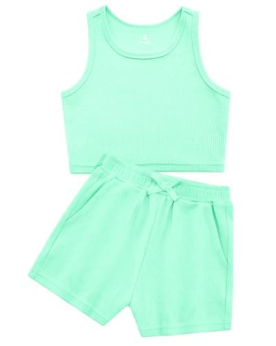 Stelle Girls Athletic Sets, Scoop Neck Ribbed Tank Tops Elastic Waist Shorts With Pockets 2 Piece Outfits, Girls Athletic Outfit 14-15, Mint Green, Xx-Large - Image 1