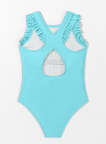 DOKOTOO KIDS Girls Swimsuit Summer Little Girl Ruffle Sleeveless Swim Suits Cute One Piece Swimwear Beachwear Casual Solid Cross Back Hollow Out Bathing Suit Mint Blue Size 6 7 Years Old - Thumbnail 6