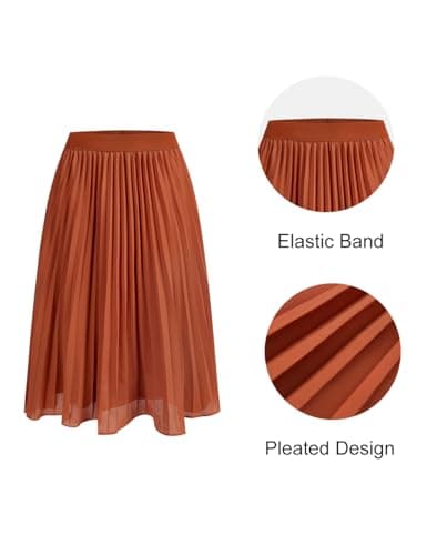 Women's Midi Skirt Elastic High Waist Pleated Skirt Knee Length Swing A-Line Casual Flowy Skirts 2025 Red Brown,XXL - Thumbnail 5