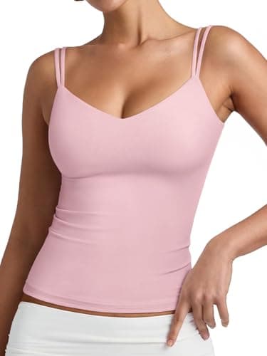 PINKMSTYLE Womens V Neck Tank Top Slimming Double Shoulder Straps Cami Tops Double Lined Sleeveless Date Night Tops Clothing Pink Medium - Thumbnail 3