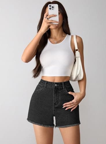 Pink Queen Women's High Waisted Denim Shorts 2026 Casual Star/Bow Frayed Hem Summer Hot Short Jeans with Pockets Black L - Thumbnail 6