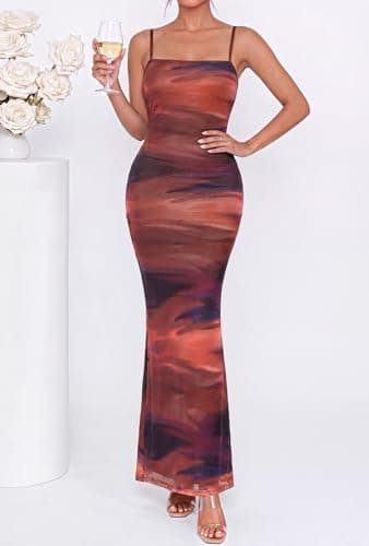 BTFBM Womens Summer Maxi Dress 2026 Floral Mesh Spaghetti Straps Sleeveless Sexy Bodycon Wedding Cocktail Party Dresses(Dark Red Print, XX-Large) - Thumbnail 3