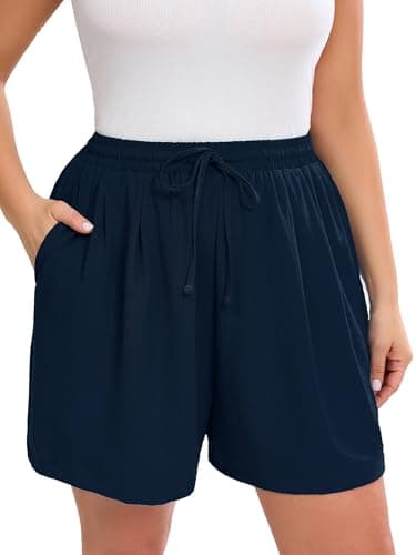 AusLook Plus Size Women's Casual Comfy Wide Leg Shorts Navy Blue 2X Lightweight High Waisted Adjustable Tie Knot Loose Summer Baggy Short Pants with Pockets - Image 1