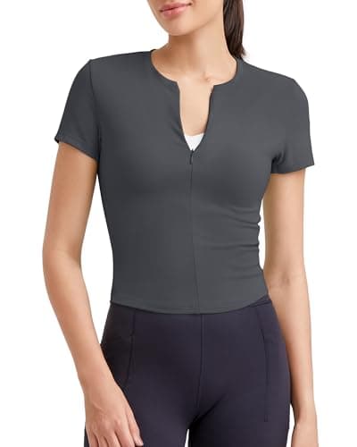 G4Free Womens Workout Tops Short Sleeve Zip up Active Shirts Slim Fitted Summer Slight Crop Yoga Tee Shirt Gym Running (Dark Gray,M) - Image 1