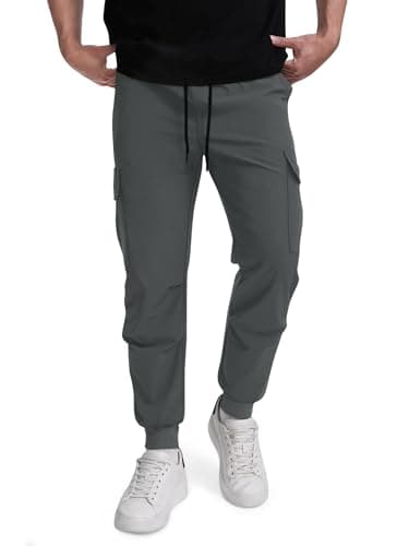Crastimo Men's Hiking Pants Elastic Waist Drawstring Cuffs Sweatpants Lightweight Zipper Pockets Slim Fit Trousers Tapered Running Outdoor Gray L - Thumbnail 2