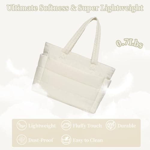 JHhomezeit Puffer Tote Bag for Women-Large Work Tote Bags Quilted Lightweight Puffy Bags Shoulder Bag with Laptop Compartment Beige - Thumbnail 6