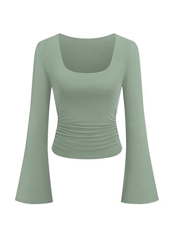 PRETTYGARDEN Womens Long Bell Sleeve Going Out Tops Fall Fashion 2026 Square Neck Ruched Ribbed Shirts Winter Y2K Clothes (Sage Green,Large) - Image 1