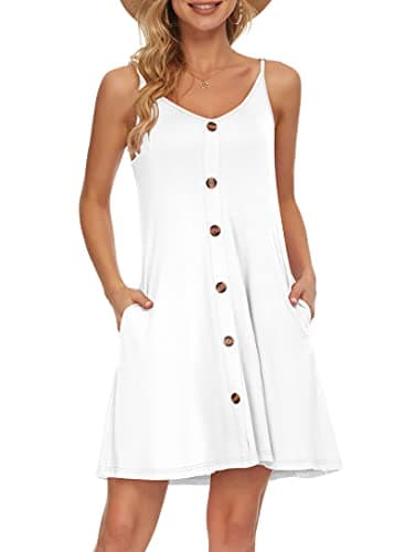 WNEEDU Women's Summer Spaghetti Strap Button Down V Neck Casual Beach Cover Up Dress with Pockets,White 2XL - Image 1