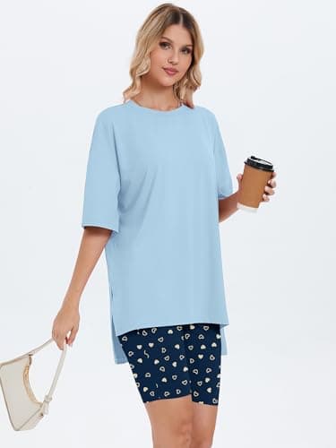 Heymoments 2 Piece Sets for Women Lounge Summer Print Floral XX-Large Oversized T-Shirt and Biker Shorts Pajama Set Soft Pajamas Set Breathable Sleepwear Comfy Nightwear Womens Pjs Set - Thumbnail 2
