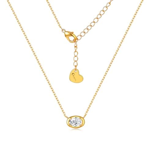 Gloraine Gold Plated Necklace for Women, Emerald or Oval CZ Crystal Pendant Choker, 16+2inch Chain, Dainty Birthday Gift for Wife Girlfriend Mother Valentine’s Day (Yellow Gold Plated Brass, Oval) - Image 1