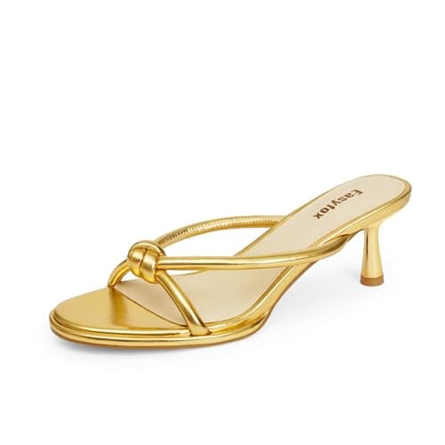 Easyfox Gold Bow Heels for Women Rounded Open Toe Bow Heels Mules Slip on Sandals Womens Size 9 - Image 1