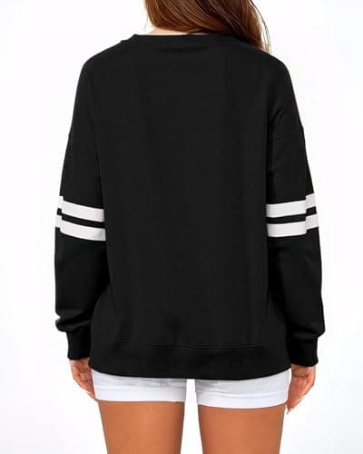 KevaMolly Women Varsity Striped Drop Shoulder Sweatshirt Black S - Thumbnail 3
