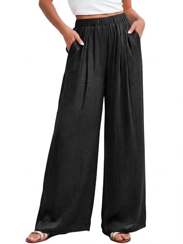 KIRUNDO Womens Wide Leg Pants Flowy Palazzo Pants Summer Elastic Waist Lounge Trousers with Pockets Beach Vacation Clothes(Black, Medium) - Image 1