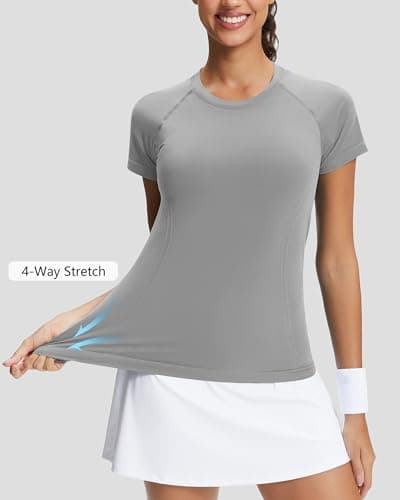 Stelle Women Seamless Workout Shirts Short Sleeve Athletic Top Yoga Gym Running T-Shirts(Grey,XS) - Thumbnail 6