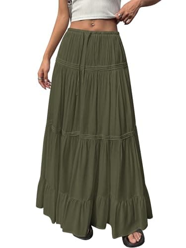 BTFBM Spring Skirts for Women 2026 Summer Boho Beach Vacation Clothes Casual Pleated High Waisted Flowy Maxi Skirt(Army Green, X-Large) - Thumbnail 3