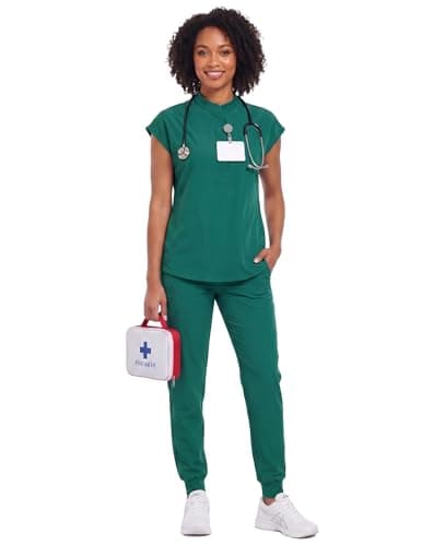 VECARDI Women's Scrub Top Zip Front Stretch Short Sleeve Nurse Uniform Shirt with Pockets Badge Loop Hunter Green - Thumbnail 6