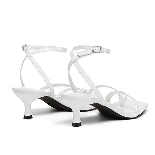 Athlefit Kitten Strappy Heels for Women Square Open Toe Low Heel Sandals Ankle Strap White Sexy Party Wedding Dress Shoes Size 6.5 - Thumbnail 6