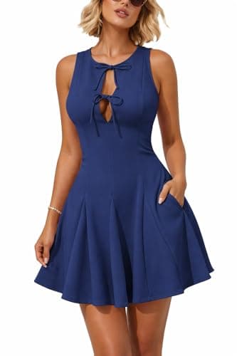 materasu Women Sleeveless A Line Mini Dress with Pocket Front Tie Fit and Flare Casual Dress Blue - Image 1
