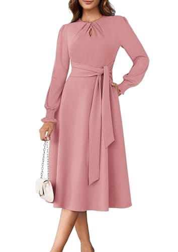 ECOWISH Womens Midi Dress 2025 Fall Long Sleeve Tie Waist Elegant Work Party Cocktail A Line Flowy Dresses with Pockets Pink Small - Image 1