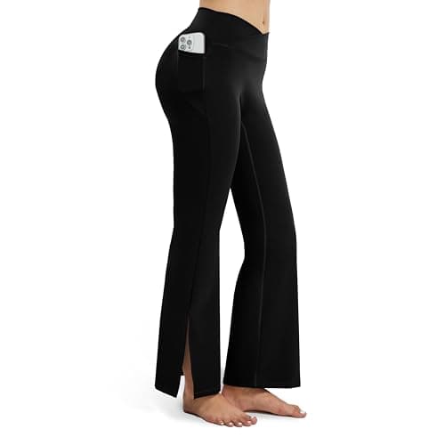 AMLEER Women's V Waist Side Split Wide Leg Yoga Leggings - High Waisted Crossover Stretchy Workout Flare Yoga Pants（Black, 2X-Large - Image 1