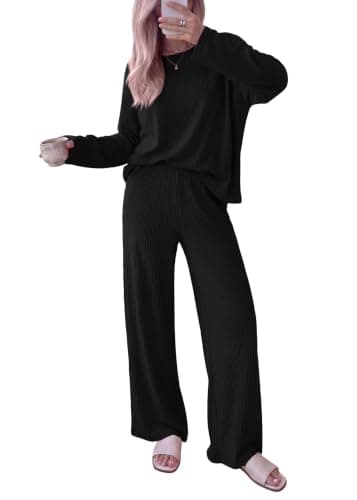KIRUNDO Spring 2 Piece Lounge Sets for Women Long Sleeve Ribbed Knit Tops Wide Leg Pants Matching Travel Outfits Postpartum(Black, XX-Large) - Image 1