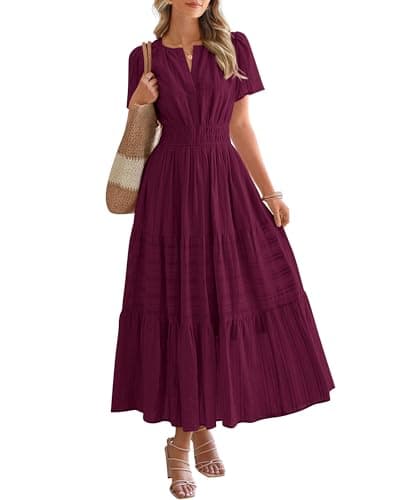 BTFBM Womens Summer 2026 Casual Midi Maxi Dresses Lightweight Short Sleeve V Neck Elastic Waist Boho Beach Dress Pockets(Wine Red, Small) - Image 1