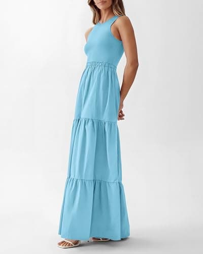 BTFBM Women Sleeveless Summer Dresses Wedding Guest Maxi Dresses Ribbed Knit Tops and Polyester Skirt with Pockets(Solid Light Blue,Medium) - Thumbnail 6