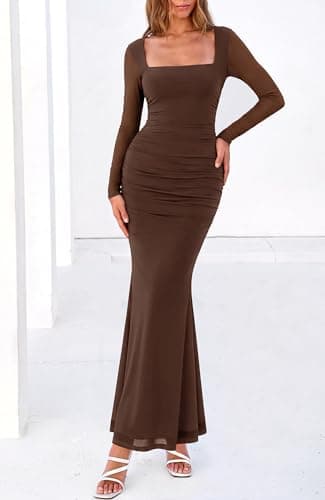 BTFBM Women's Maxi Dresses Fall 2026 Long Sleeve Ruched Bodycon Dress Square Neck Cocktail Party Wedding Guest Dresses(Coffee,Large) - Thumbnail 3