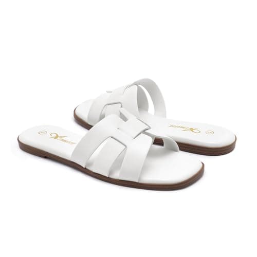 Athlefit Flat Sandals for Women Dressy Summer Square Open Toe White Sandals Comfortable Slip On Leather Slides Size 6 - Thumbnail 5