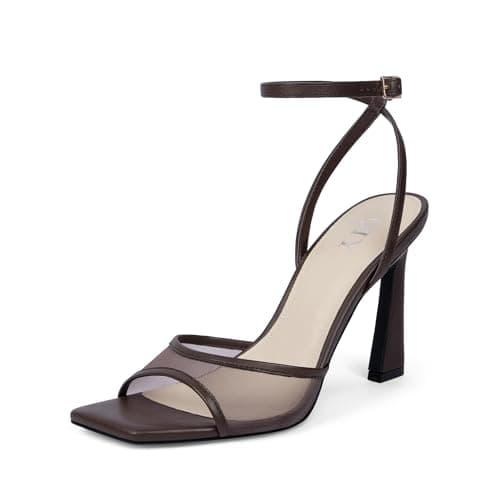 QIY Dark Brown Sandals for Women Ankle Strap Strappy Chocolate Mesh Heel Stiletto High Heels Square Open Toe 3 Inch Heels Summer Dress Shoes Size 6.5 - Image 1