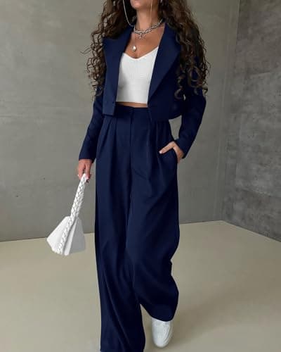 KIRUNDO Womens Blazers for Work Casual Long Sleeve Cropped Blazer Pleated Wide Leg Pants Sets 2 Piece Outfits Spring Fall Fashion Teacher Clothes(Navy, Medium) - Thumbnail 5