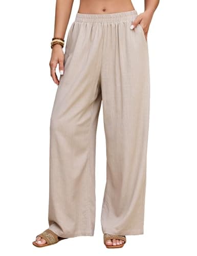 HEEKPEK Women Khaki Linen Pants Wide Leg Summer Flowy Elastic Waist Palazzo Beach Vacation Clothes Travel Trousers with Pockets (Khaki,Medium) - Image 1