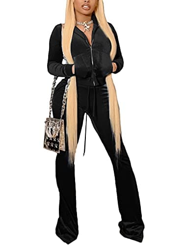 Women's Autumn 2 Piece Velour Set V Neck Crop Jacket Drawstring Flare Long Pants Set Club Outfits Black XS - Image 1